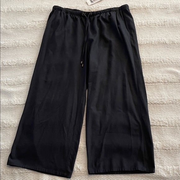 Eileen Fisher 100% silk noil Black Drawstring pull on Pants pockets wide leg new